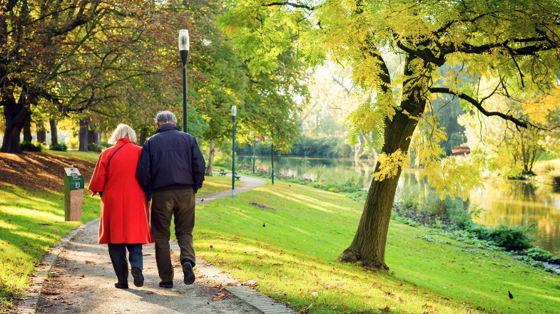 Ouderen wandelen in het park