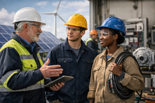 Drie personen met veiligheidshelmen overleggen bij een industriële installatie met zonnepanelen en windturbines op de achtergrond.