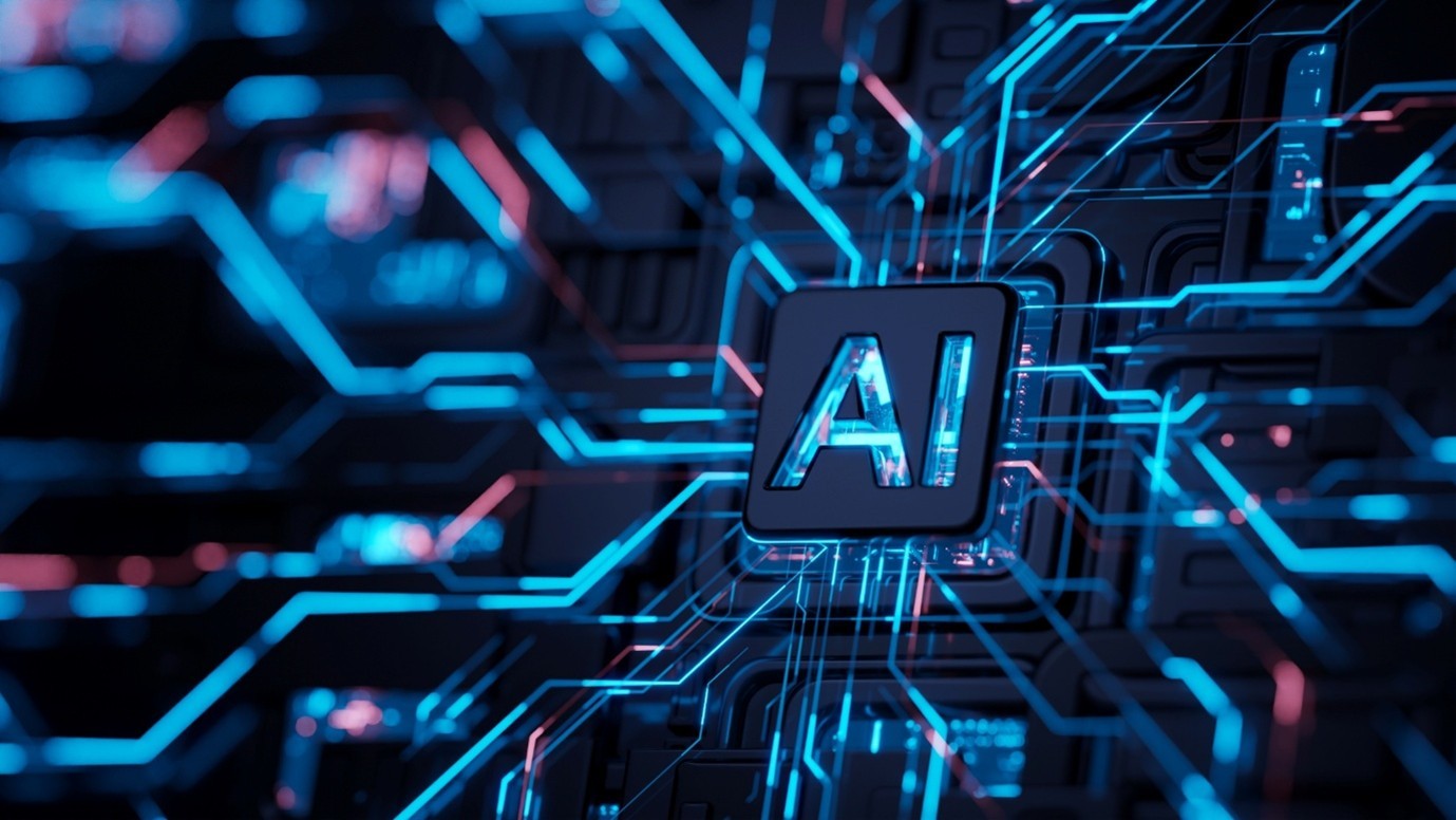 Abstracte visualisatie van kunstmatige intelligentie met een centraal “AI”-icoon dat verbonden is door lichtgevende blauwe datalijnen op een futuristische achtergrond.